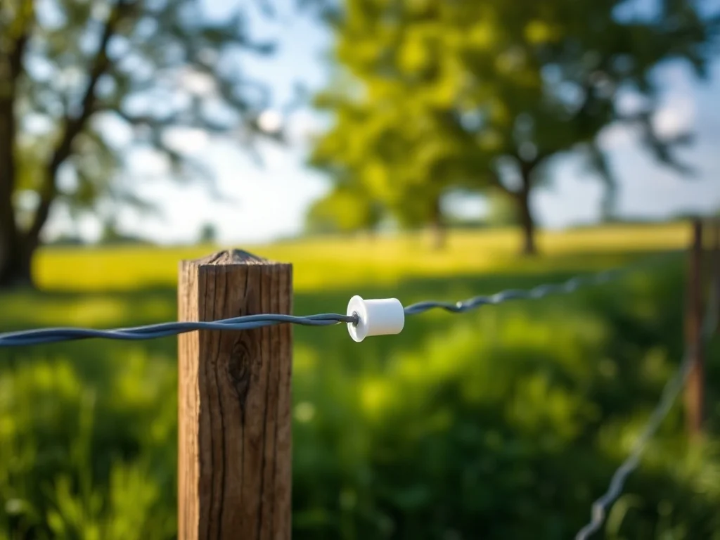 Przewód pastucha elektrycznego na izolatorze na drewnianym słupku, na tle zielonej łąki w słoneczny dzień.