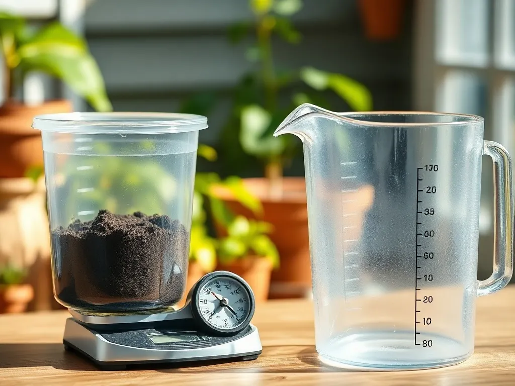 Waga ogrodnicza z wiadrem ziemi i miarką w litrach, ilustrująca przeliczanie litrów ziemi na kilogramy.