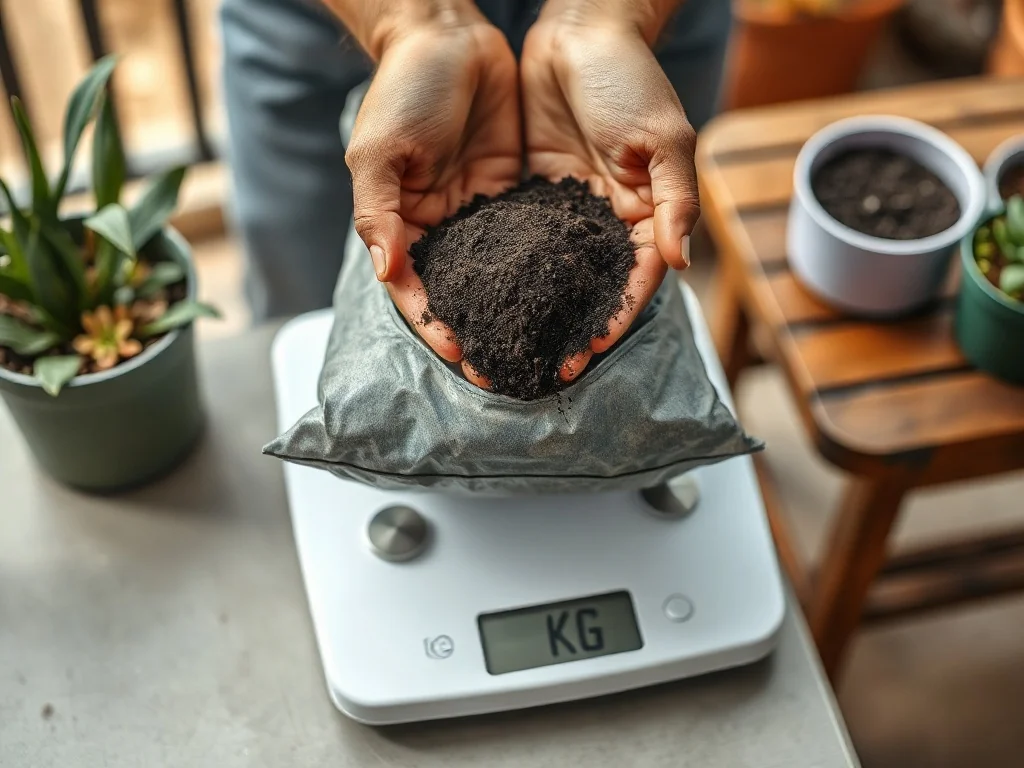 Ogrodnik nasypuje ziemię ogrodową na wagę kuchenną, na wyświetlaczu widoczna masa w kilogramach.